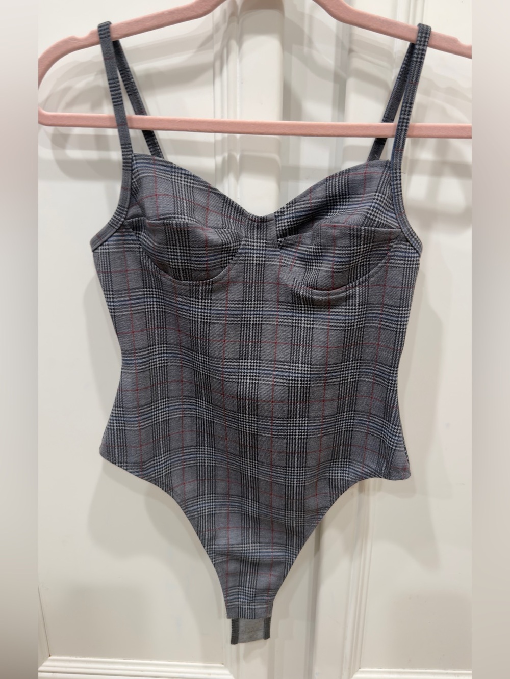 Naked Wardrobe Plaid Cups Bodysuit - Gray Plaid